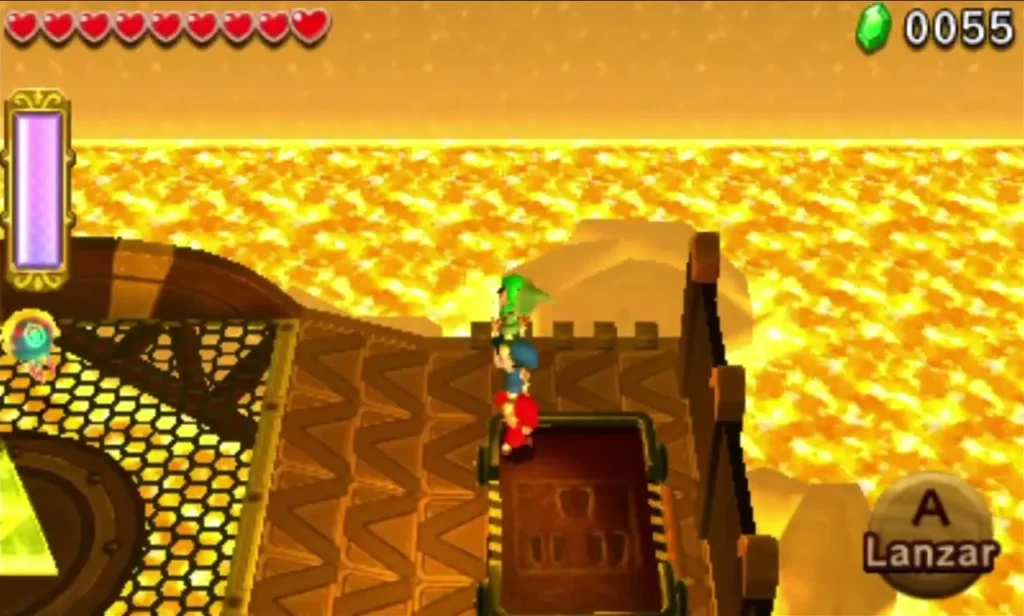 Link riding a red mine cart on rails beside the lava at the Stage 2 exit Link riding a red mine cart on rails beside the lava at the Stage 2 exit