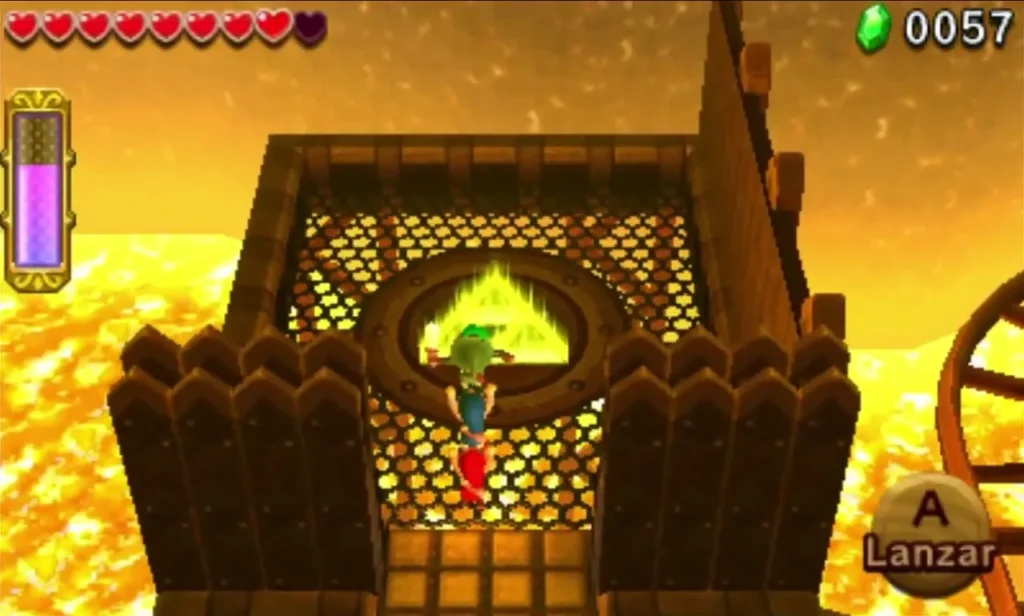 Link standing in the open gate of the Triforce Gateway after the Stage 3 switches are lit Link standing in the open gate of the Triforce Gateway after the Stage 3 switches are lit