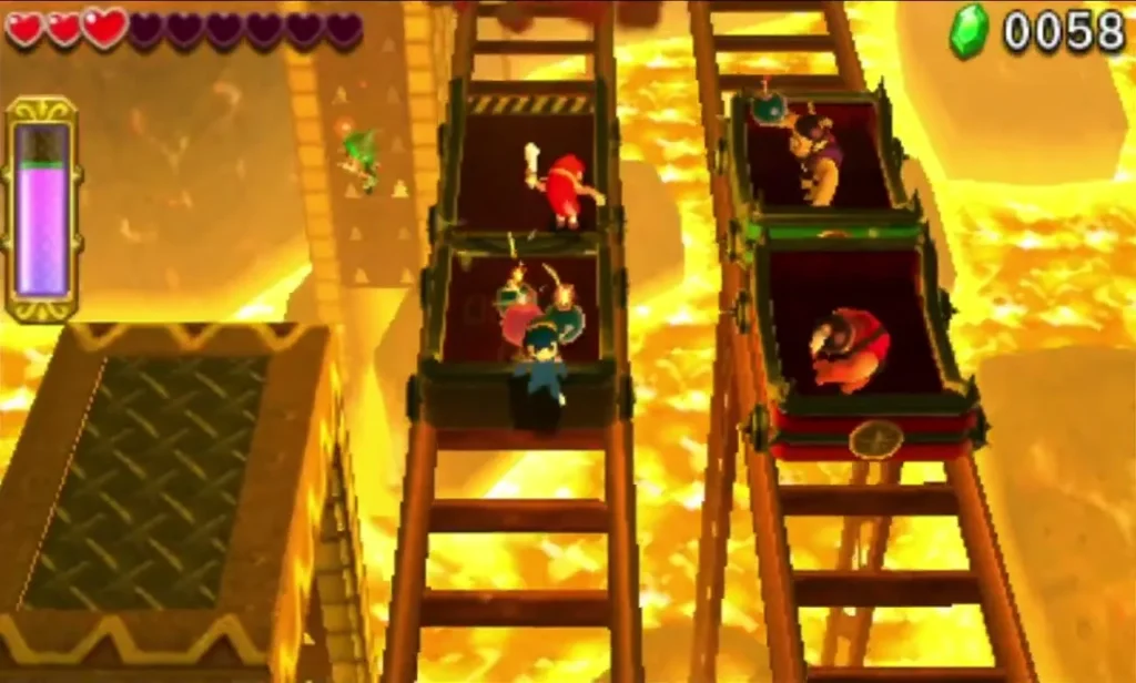 Hinox riders in carts on tall rails above the lava as the second brother joins the fight Hinox riders in carts on tall rails above the lava as the second brother joins the fight