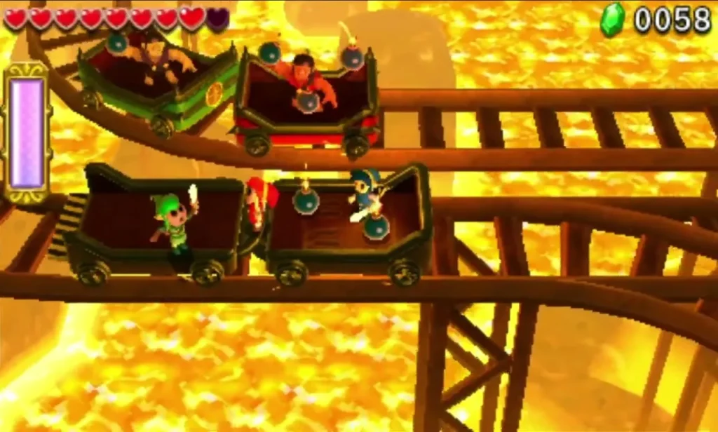 Hinox in a red mine cart on a curved track while Links ride nearby carts over the lava Hinox in a red mine cart on a curved track while Links ride nearby carts over the lava