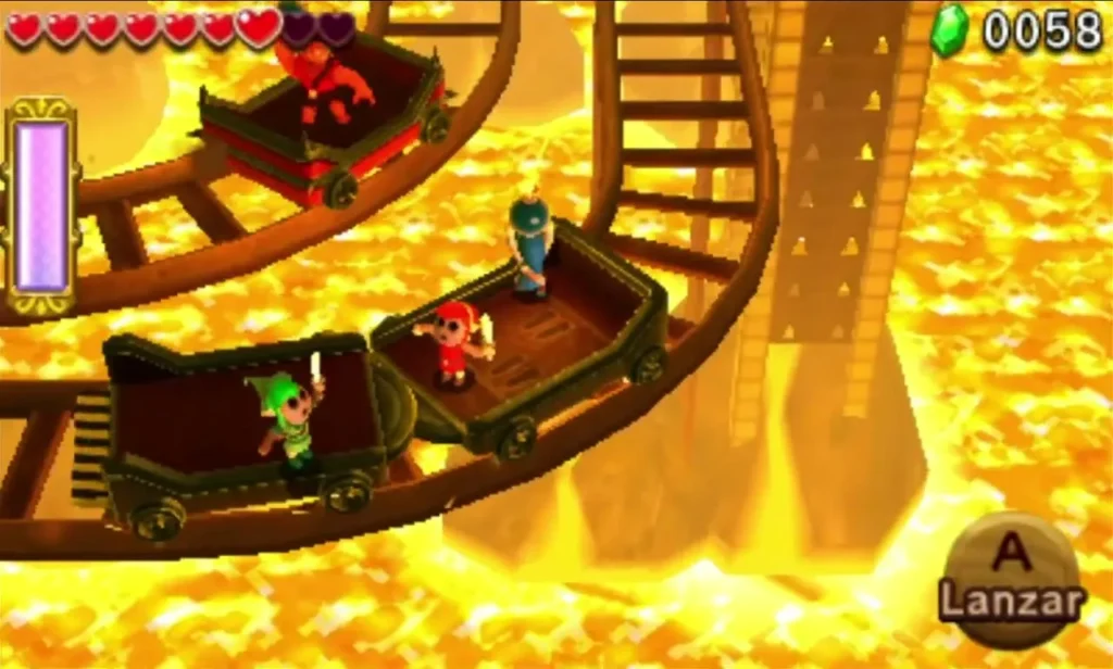Link on a mine cart beside Hinox the Eldest riding a red cart above the lava Link on a mine cart beside Hinox the Eldest riding a red cart above the lava