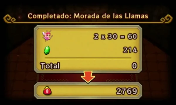 Volcano room clear results card listing the rupee and reward totals Volcano room clear results card listing the rupee and reward totals