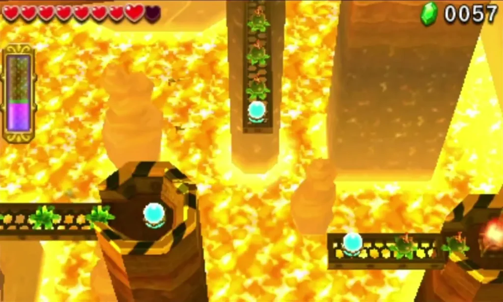 Three cyan-lit Shock Switches along the rails over the lava in Stage 3 Three cyan-lit Shock Switches along the rails over the lava in Stage 3