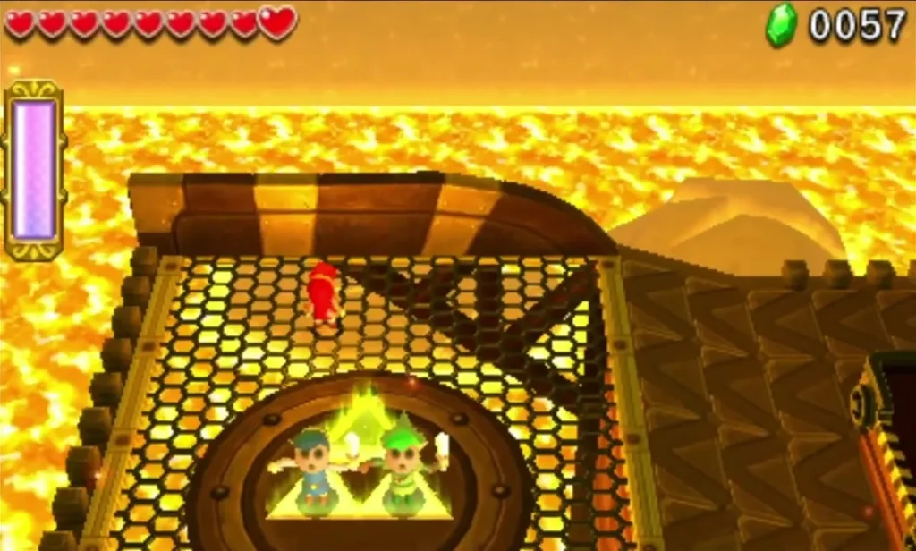 Three Links stacked in a Totem on the Triforce switch platform above the lava Three Links stacked in a Totem on the Triforce switch platform above the lava