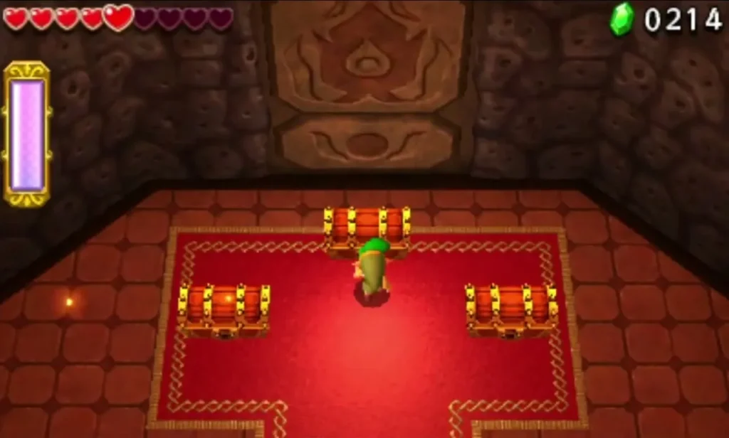 Link stands between closed treasure chests on a red carpet in the Volcano treasure room Link stands between closed treasure chests on a red carpet in the Volcano treasure room