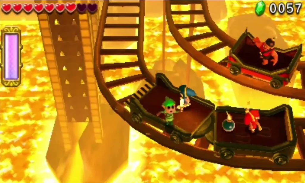 Link riding a two-car mine cart around the curve of a lava pool in Stage 4 Link riding a two-car mine cart around the curve of a lava pool in Stage 4