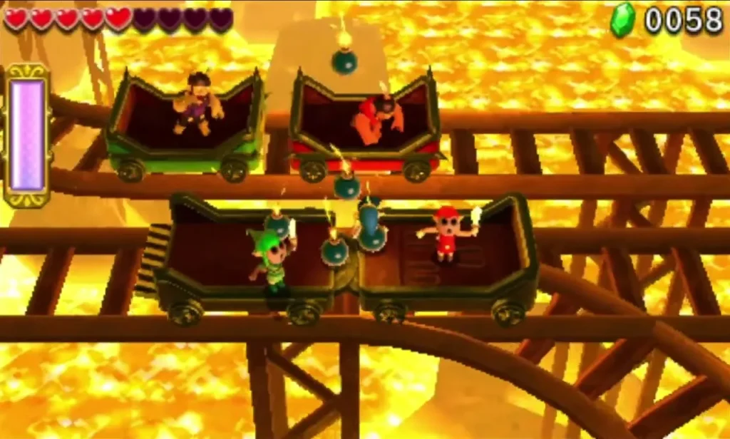 Two carts with Hinox riders side by side on curved rails above the lava Two carts with Hinox riders side by side on curved rails above the lava