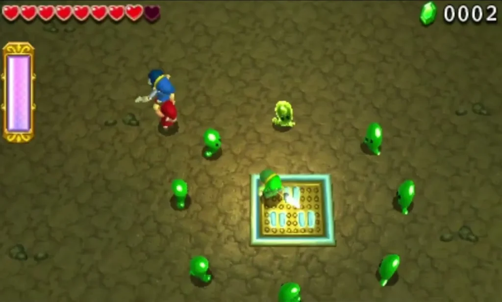 Big Switch glowing in the middle of a ring of green Blobs in the Electric Cavern