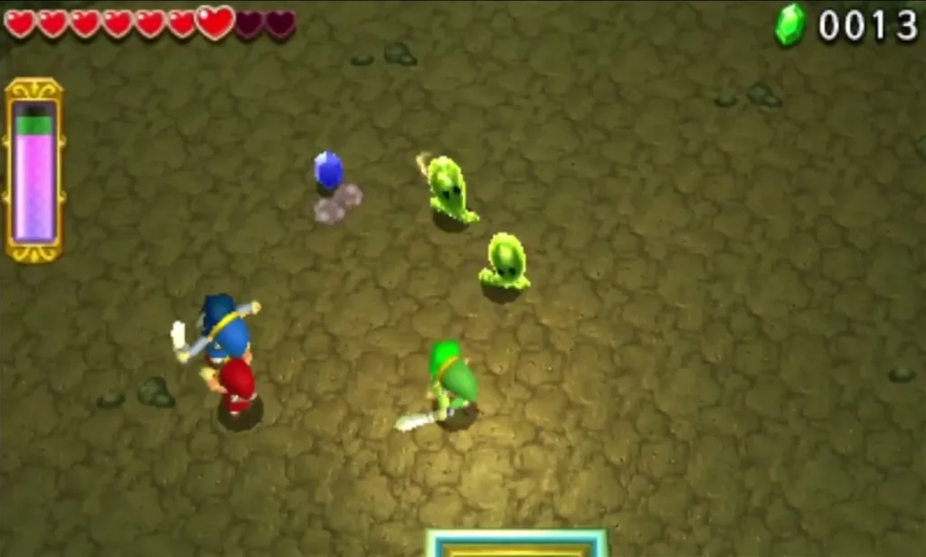 Links with Swords fighting green Blobs and a purple Buzz Blob around the switch