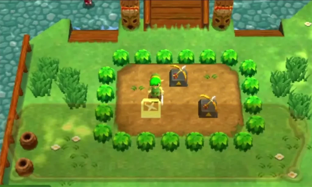 Link in a bushy Deku Forest clearing among the pedestals that hold the Bows