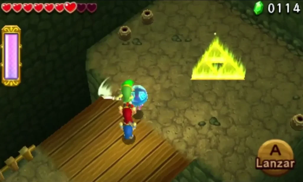 Links cross a wooden bridge toward the glowing Triforce Gateway
