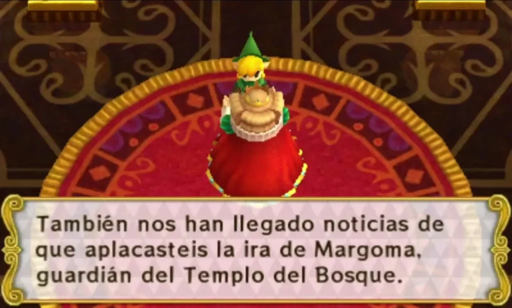 A red-gowned figure in Hytopia Castle says Link calmed the wrath of Margoma, guardian of the Forest Temple