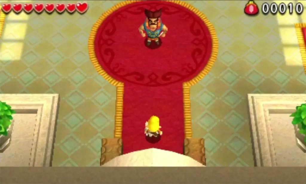 Link walks the long red carpet of Hytopia Castle toward the throne room