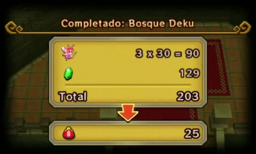 Deku Forest completion tally showing three Fairies worth 90 Rupees and a total of 203