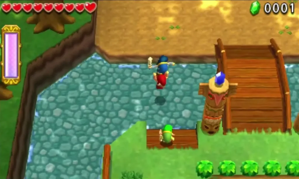 Link crosses a wooden bridge over the water at the start of Deku Forest