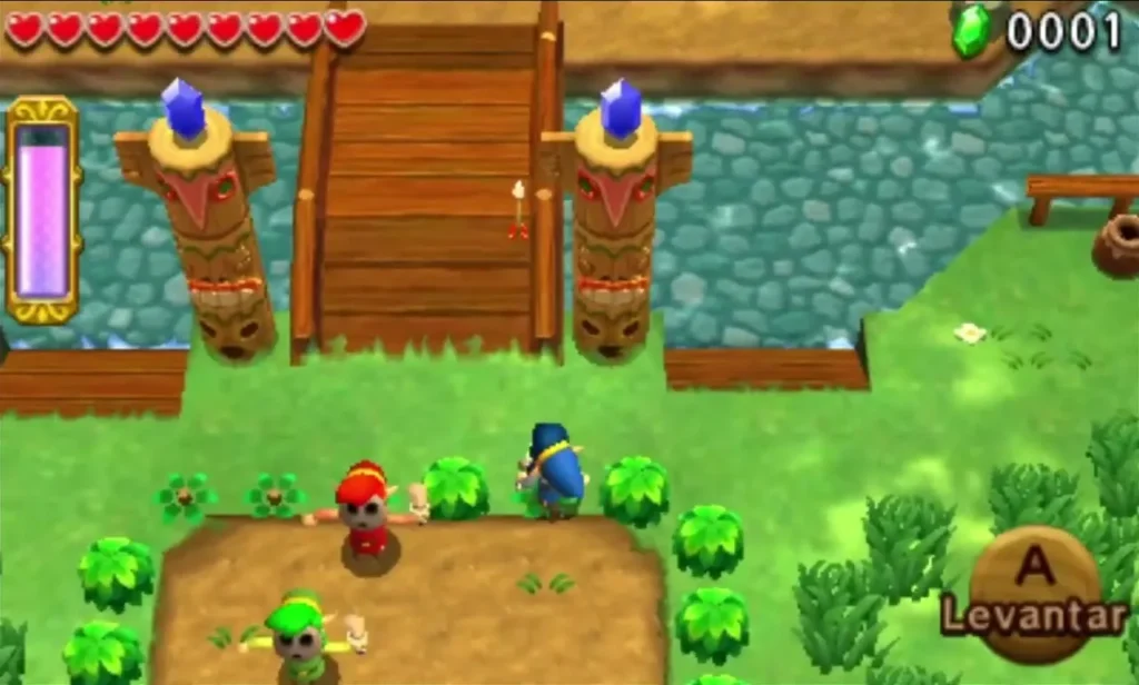 Link by the tiki totems at a wooden gate in Deku Forest, with the Lift prompt on screen