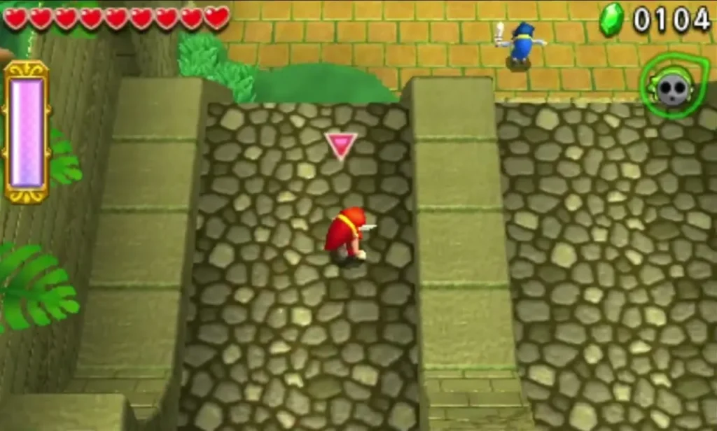 Link running along a cobbled ledge toward the open courtyard of the Forest Temple boss arena