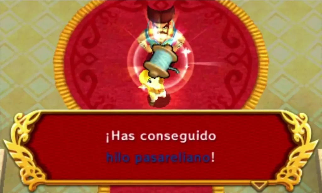 Link holds up the Hytopian Silk he received in the castle throne room