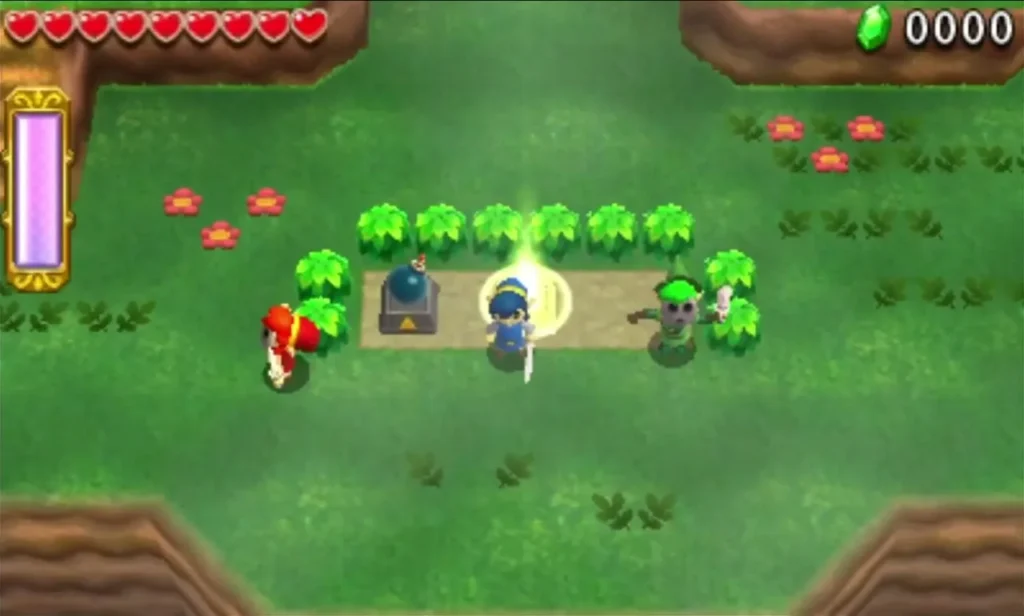 Link stands at a glowing pedestal beside a Bomb pedestal in Moblin Base