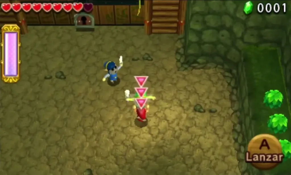 Links stacked and thrown up toward a ledge in Buzz Blob Cave