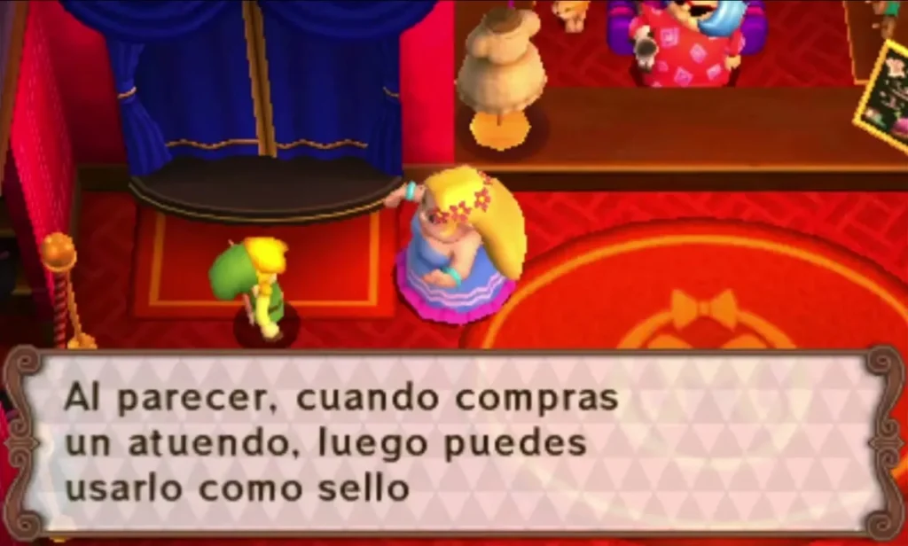 Madame Couture in her shop, with Link beside her red emblem rug as she explains outfits