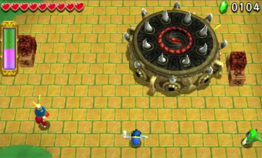 Margoma's spiked drum-shaped boss arena in the Forest Temple, with Links circling it