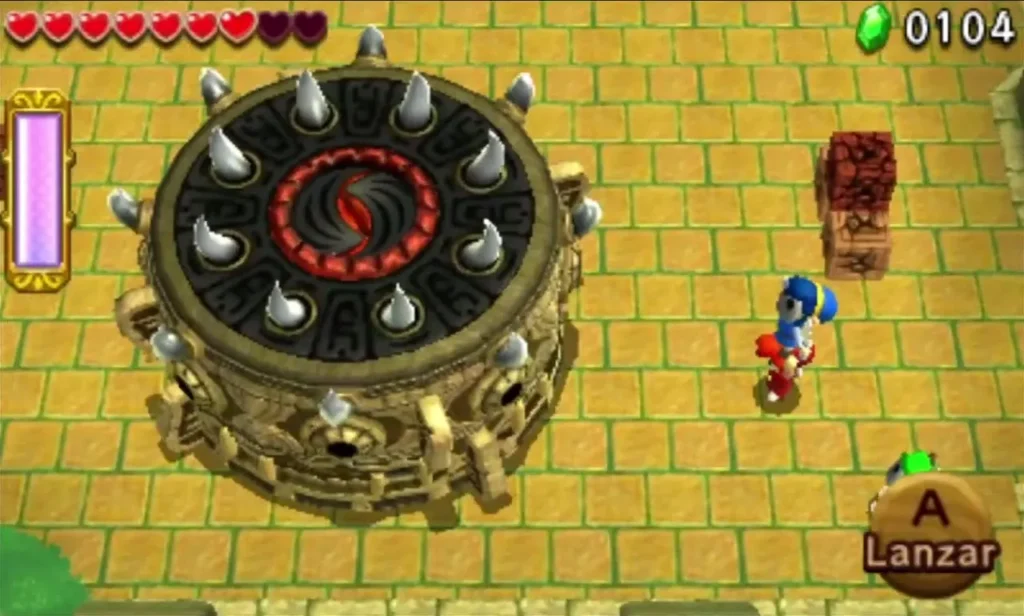 Link beside Margoma's spiked boss arena in the Forest Temple with the Throw prompt on screen