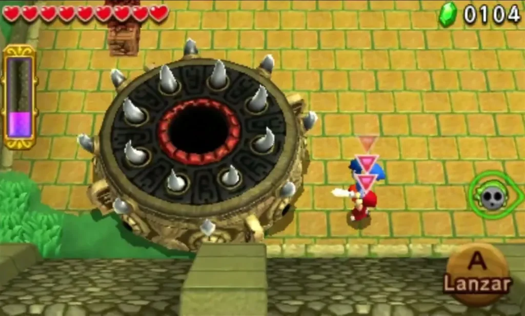 Spiked Margoma wheel rolling across the tiled arena while Link stands at its side