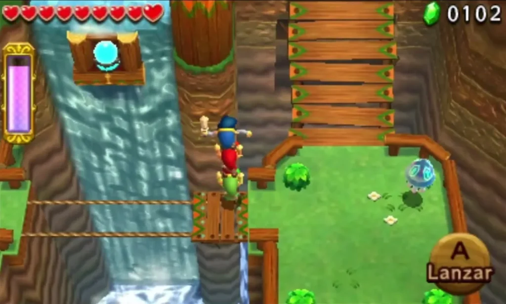 A Totem of two Links on a wooden bridge beside a waterfall in Deku Forest