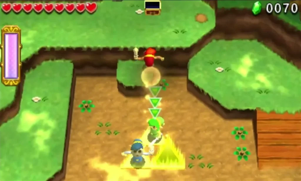 Link throws another Link up onto a higher ledge in the second Deku Forest stage