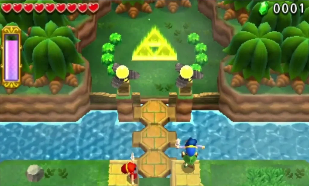 Statues lowered into a stone bridge across the river, with the Triforce ahead