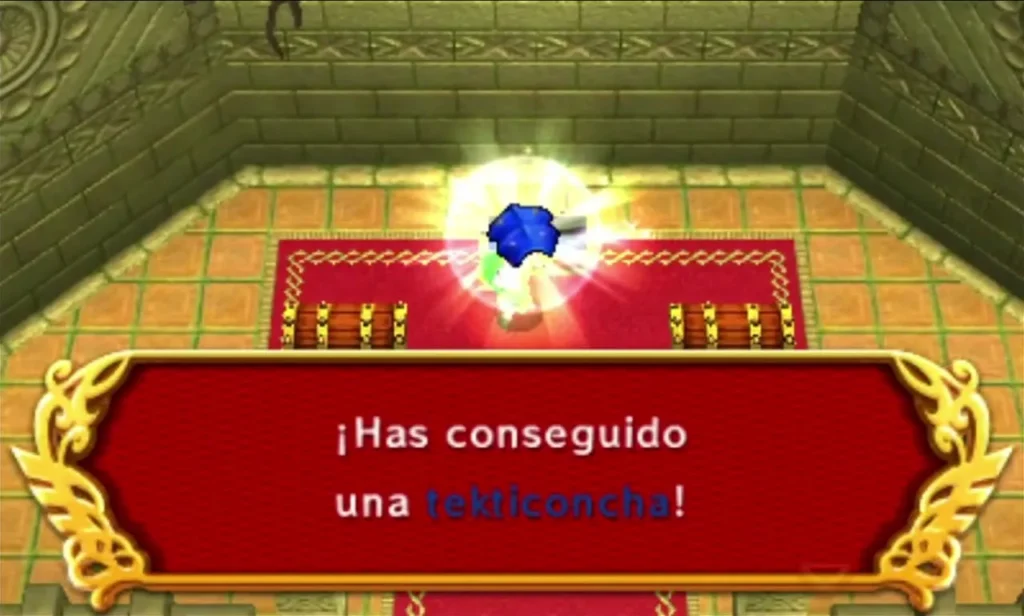 Link holds up a Tektite Shell in the treasure room, with the item box showing