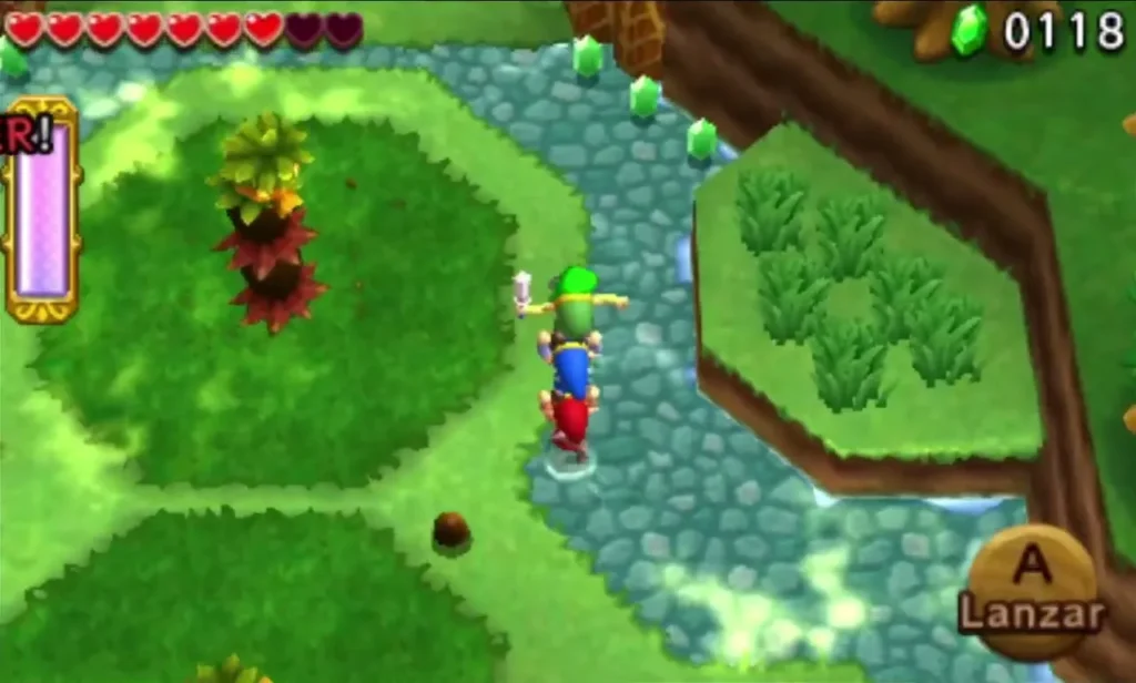 Link by a stream in the last Deku Forest clearing, facing a Totem Deku in the grass
