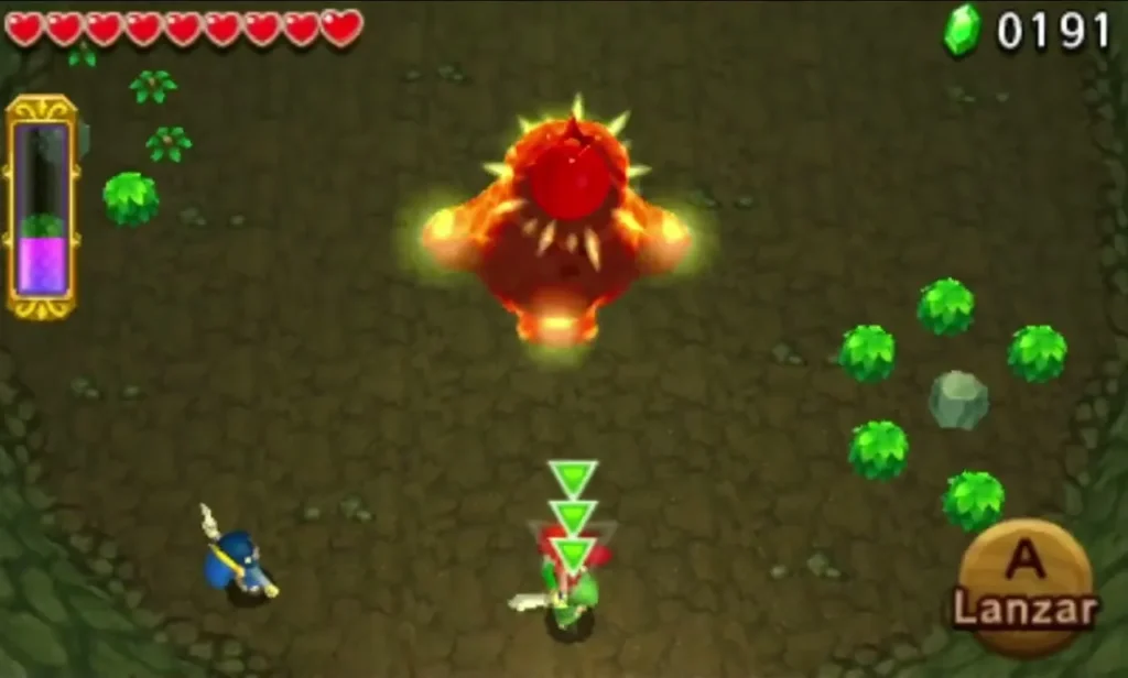 Three Links stacked in a Totem facing a spiky red enemy in the pit