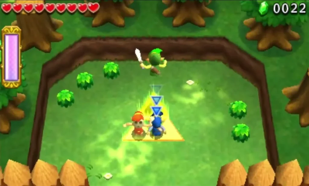 Three Links stacked in a Totem on a glowing triangle tile in a Deku Forest clearing