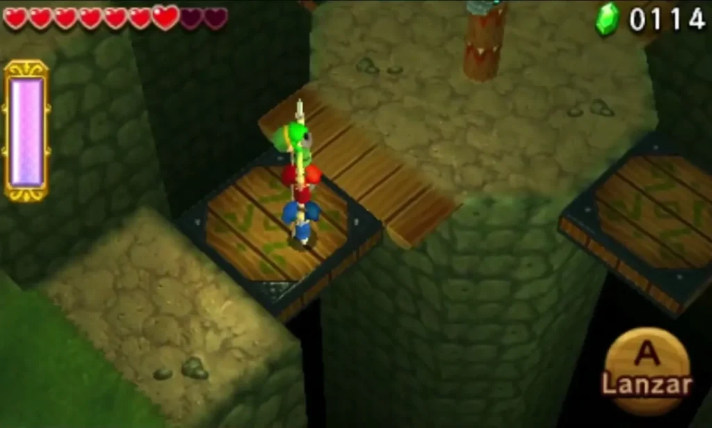 Three Links stacked in a Totem on a wooden platform over the chasm