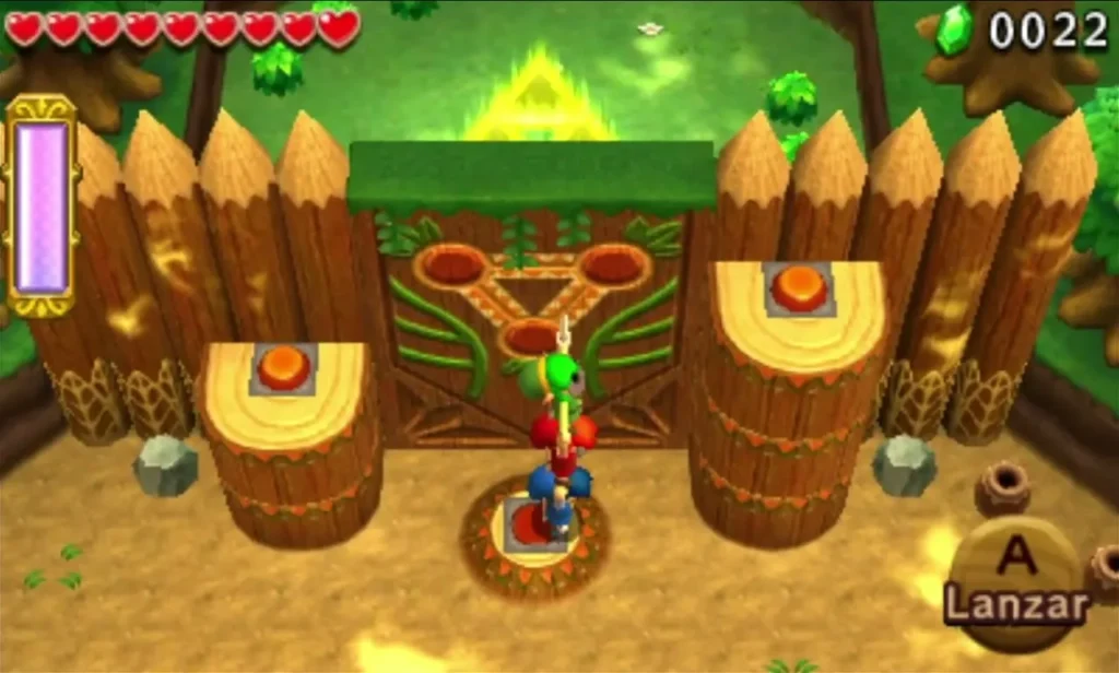 Three Links stacked in a Totem between the wooden log switches in Deku Forest