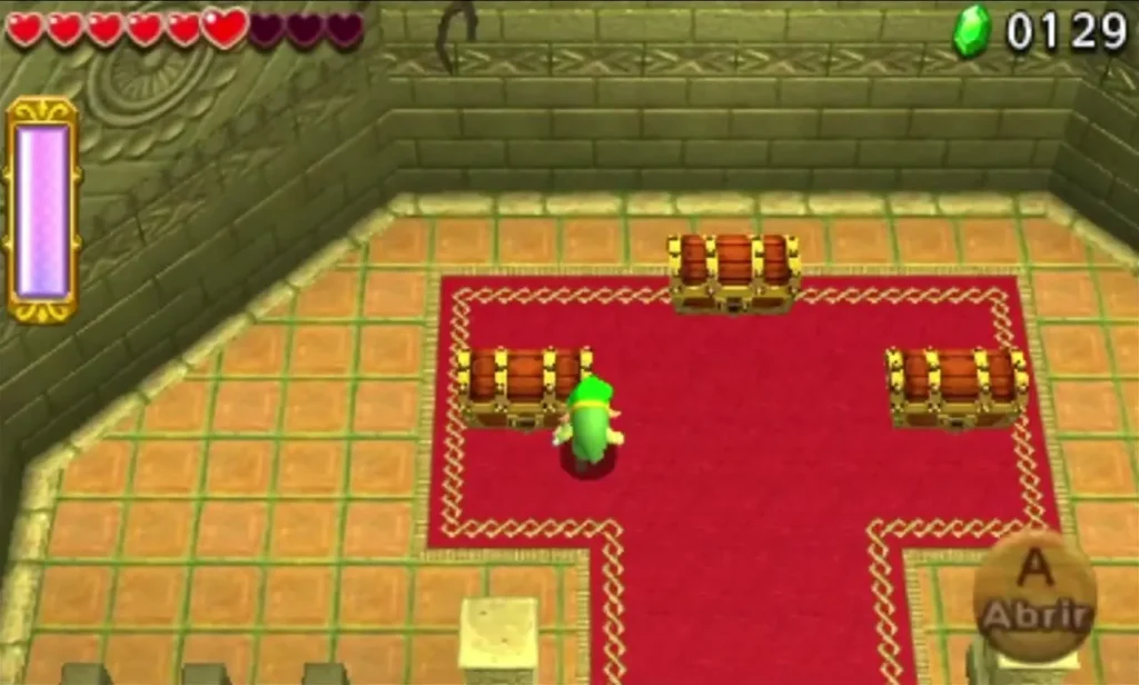 Link in the treasure room between three chests, with the Open prompt on screen