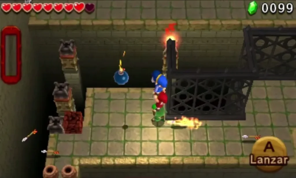 Link walks a narrow stone path past arrow traps, with a flaming arrow on the floor