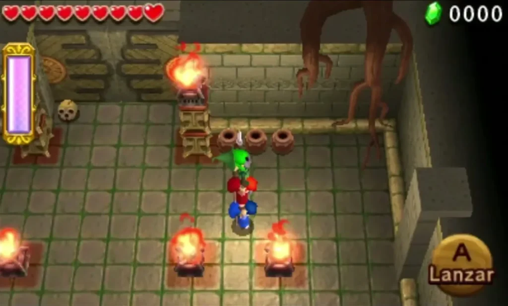 Two Links stand among lit Braziers in a stone room of the Forest Temple