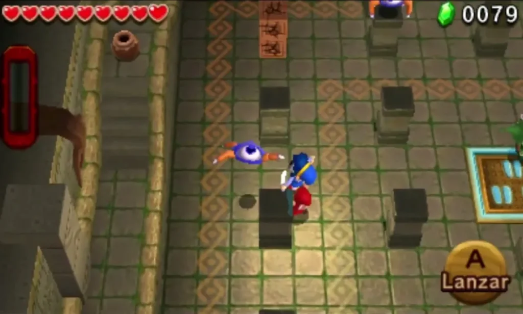 Archer Link faces a blue spider-like enemy on the stone floor between pillars