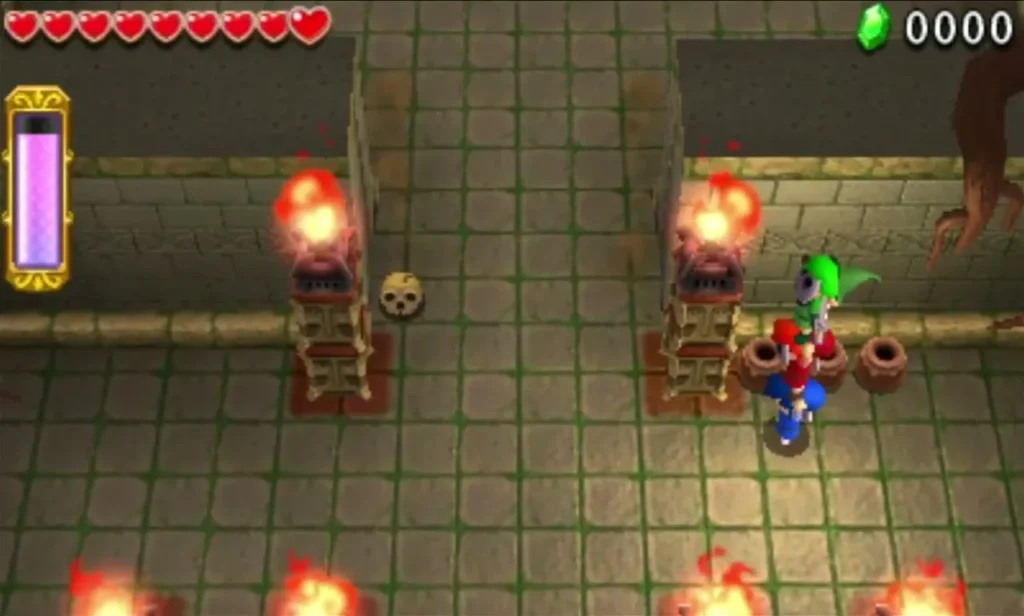 Two Links stacked in a Totem stand between two lit Braziers in the Forest Temple