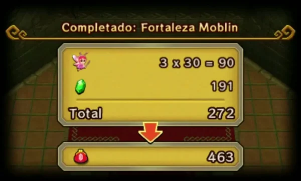 Level clear panel for the Moblin Fortress with its Rupee and Fairy tally