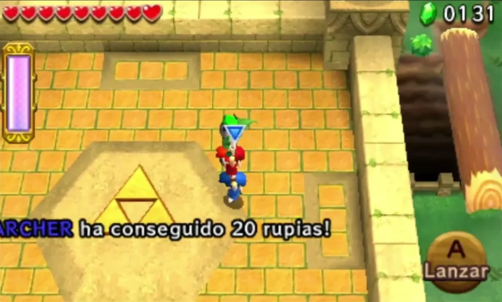 Archer Link on the Triforce pad, with a 20 Rupees reward box after a chest