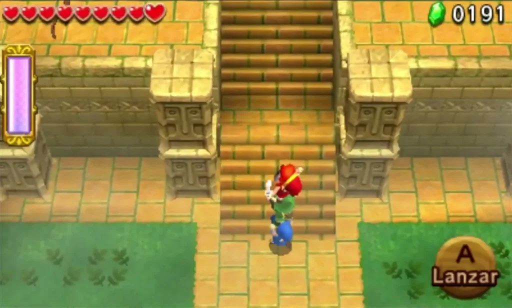 Link climbs a wide stone staircase toward the Gateway at the end of the pit