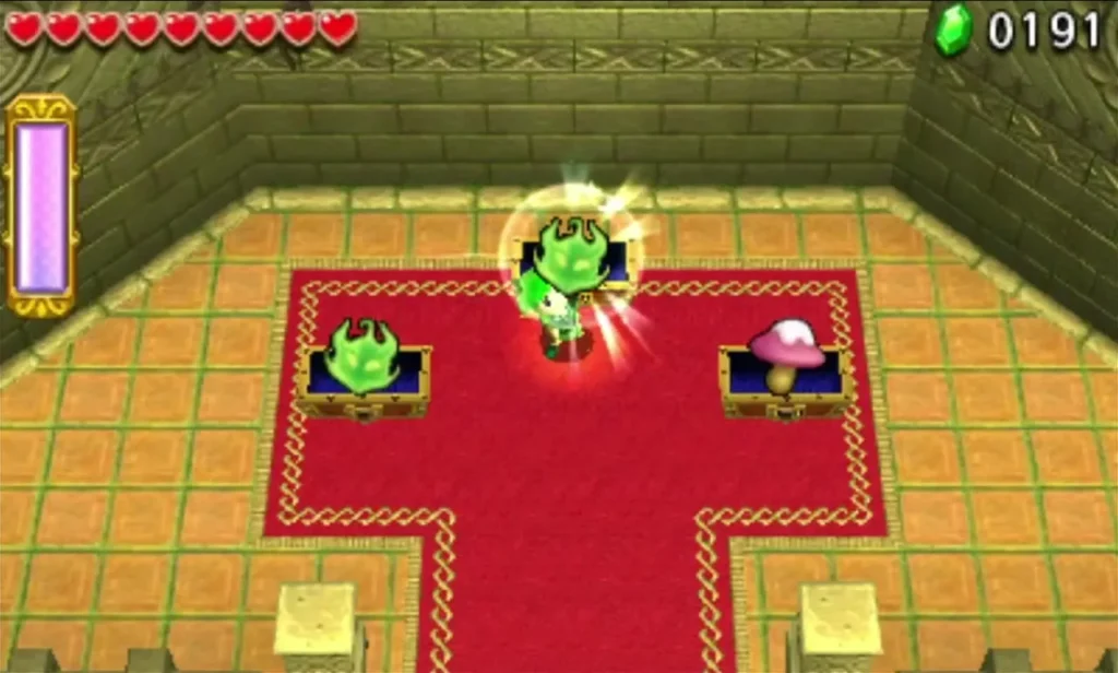 Two chests open in the red-carpeted treasure room, one holding a Sweet Shroom