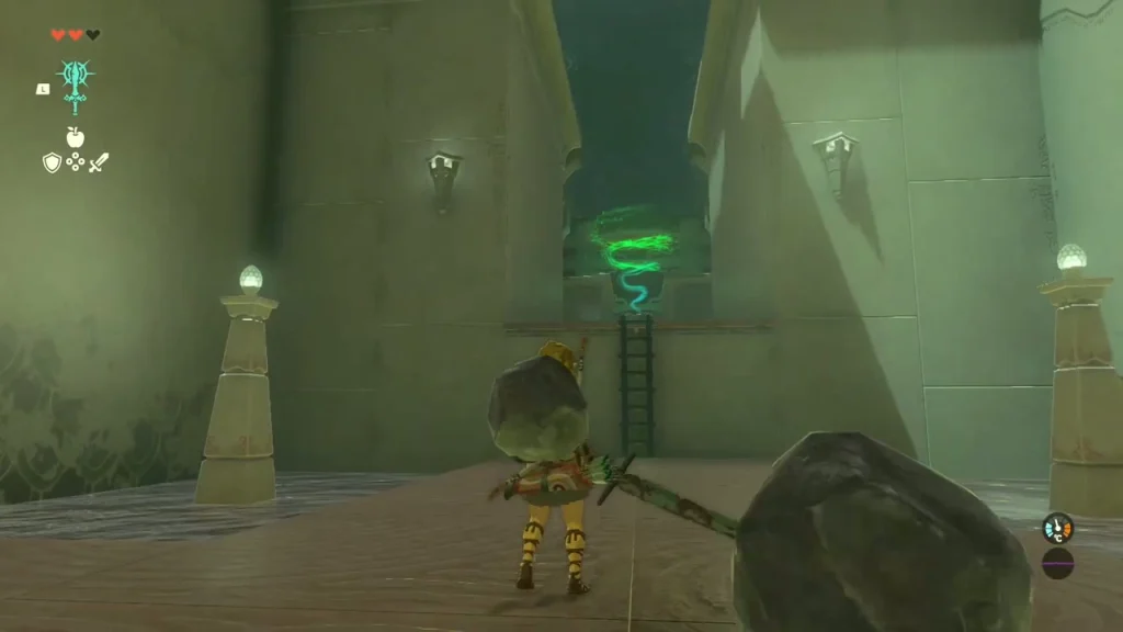 Large boulder fused to a weapon in a shrine room with a green ladder marker ahead Large boulder fused to a weapon in a shrine room with a green ladder marker ahead