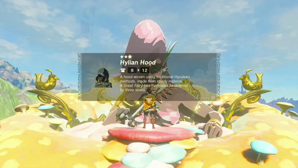Upgraded Hylian Hood at three stars, defense 8 raised to 12