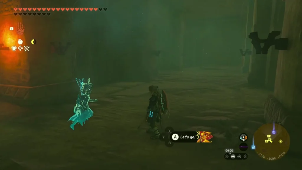 Torchlit stone chamber with a glowing Construct figure beside a prompt Torchlit stone chamber with a glowing Construct figure beside a prompt