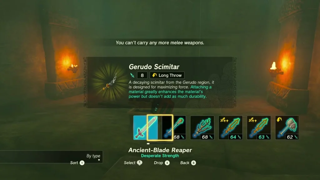 Gerudo Scimitar item box above an open chest between two torches Gerudo Scimitar item box above an open chest between two torches